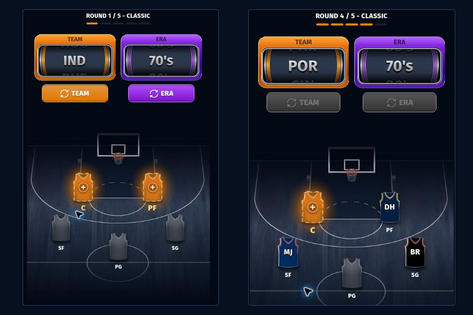 82-0 partially filled roster with a selected candidate and its offered legal jersey destinations highlighted