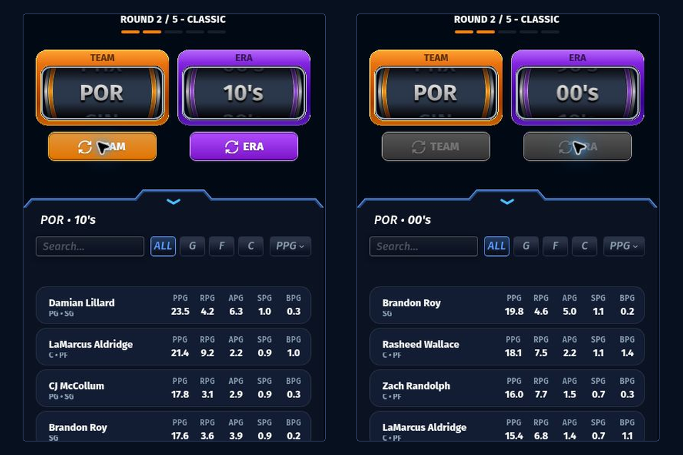 82-0 draft showing the current TEAM and ERA combination beside its corresponding candidate pool