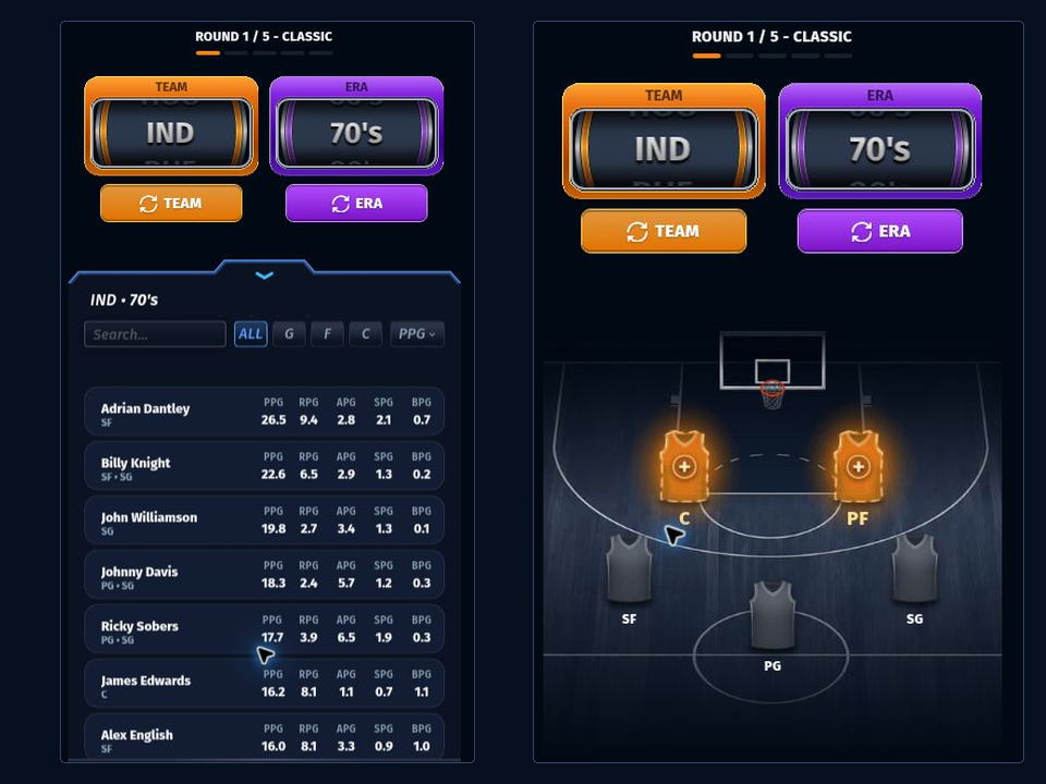 Classic draft board showing a team-and-era draw, player statistics, and roster slots in 82-0