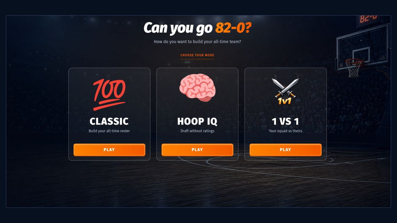 82-0 game screen offering Classic and HoopIQ draft modes