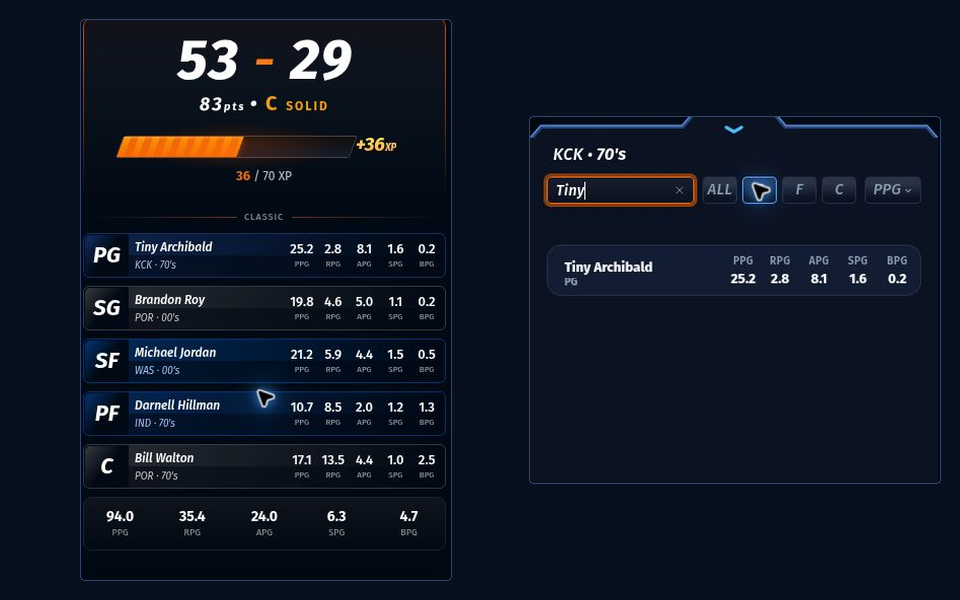 82-0 end-of-draft screen displaying the projected season record and selected lineup