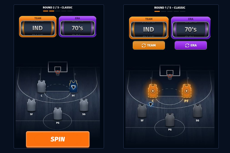 Actual NBA draft with the current round selected cards and action status visible