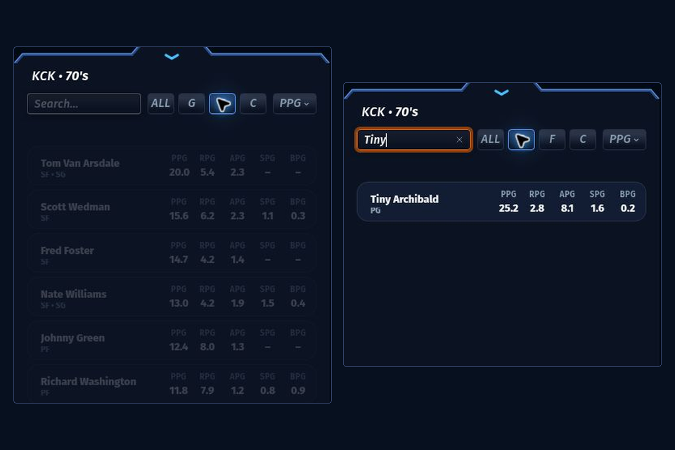 Actual Classic candidate pool with search text position filters and selectable player entries