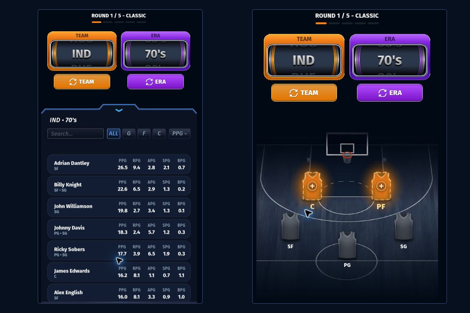 Two genuine portrait-shaped NBA draft views showing candidates and eligible placement controls