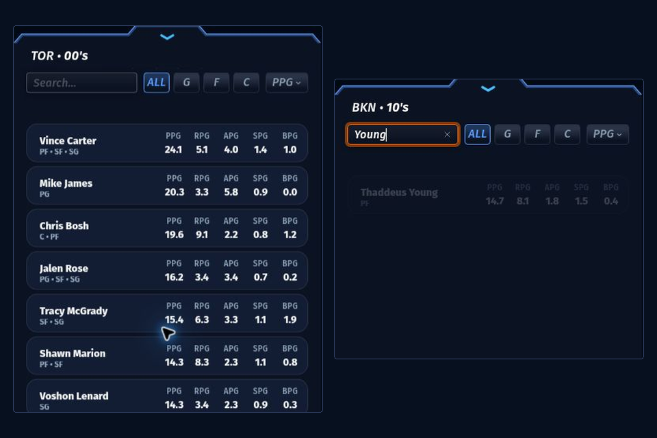 Classic player list in 82-0 with name search, ALL G F C filters and visible card statistics