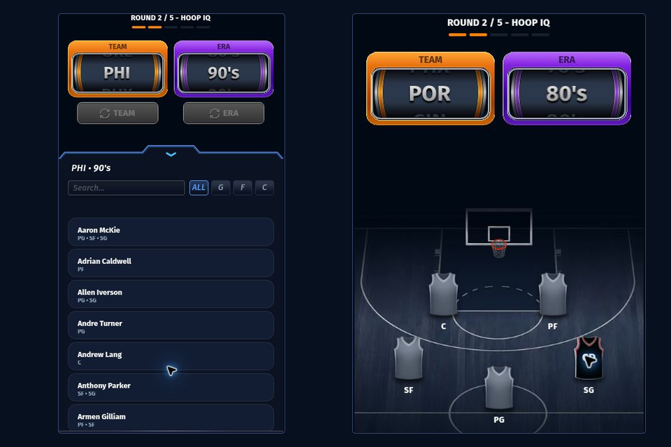 HoopIQ candidate list in 82-0 with player stat values hidden beside a partly filled roster