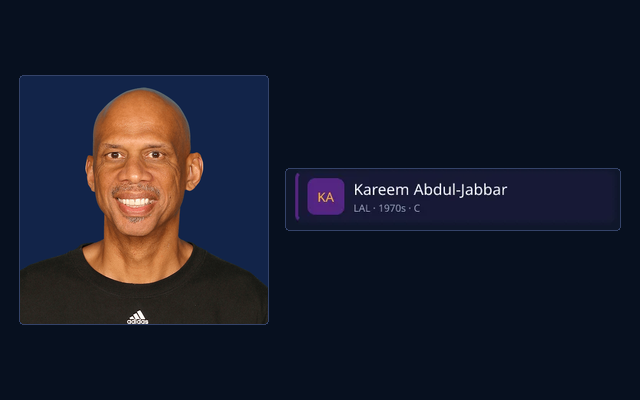 Authentic Kareem Abdul-Jabbar portrait beside the player’s entry from an actual completed 82-0 roster