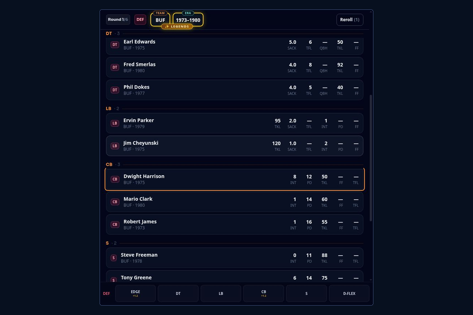Actual 20-0 defensive draft showing a historical offer with EDGE DT LB CB S and D-FLEX roster context