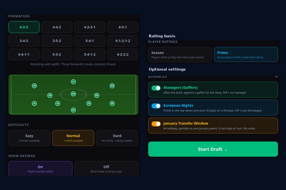 Separate actual 38-0 setup crops showing formation difficulty rating visibility rating basis and optional settings