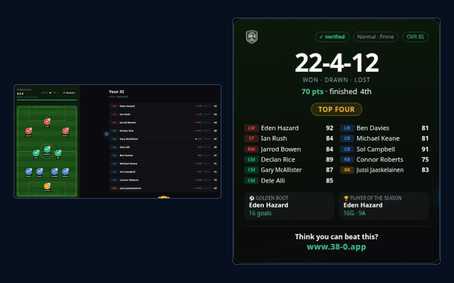 Actual 38-0 Soccer game interface preview for the related game card on the 82-0 Hockey page