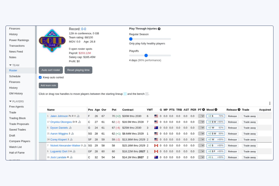 Actual Basketball GM roster page showing team players contract information and league navigation