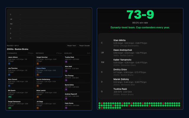 Actual 82-0 Hockey game interface preview for the related game card on the Basketball GM page