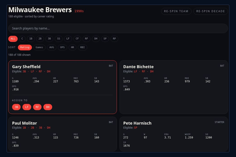 Actual Diamond Draft candidate pool with Gary Sheffield eligibility and four Assign to position buttons