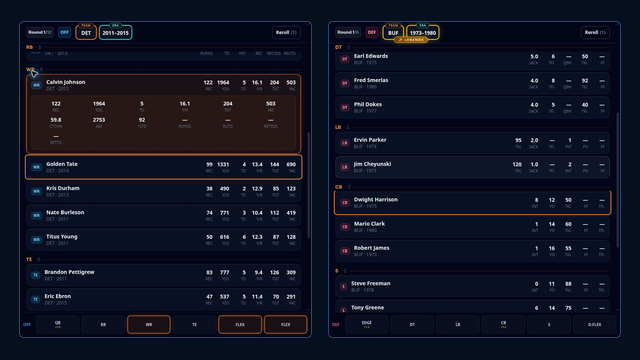 20-0 football game showing the NFL roster draft interface