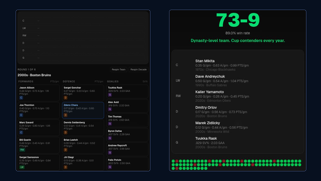 82-0 Hockey draft screen with NHL skater and goalie roster slots