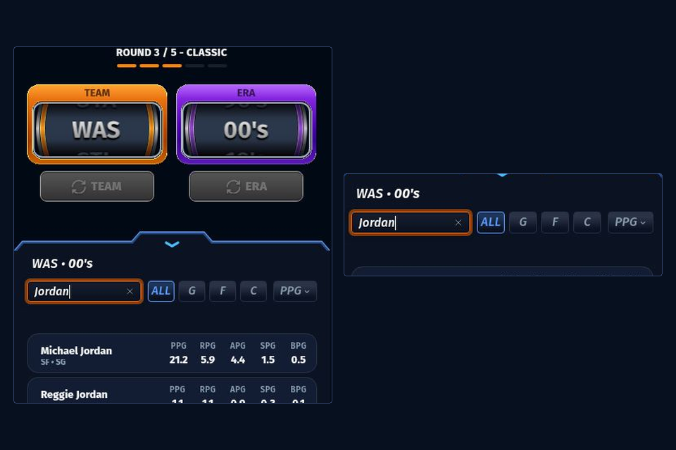 82-0 Classic entry identifying a player franchise and era beside the five supplied per-game statistics