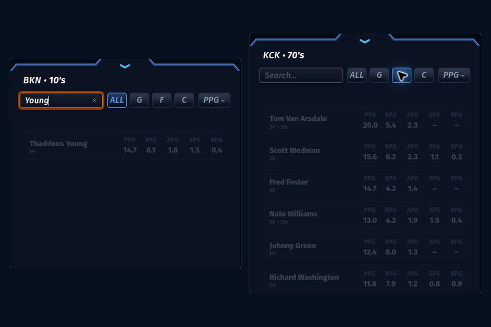 82-0 draft list with an active role filter and candidates that do not fit the remaining open roster position