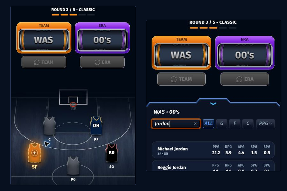 A middle round of the 82-0 draft showing occupied jerseys, remaining positions and the current candidate pool