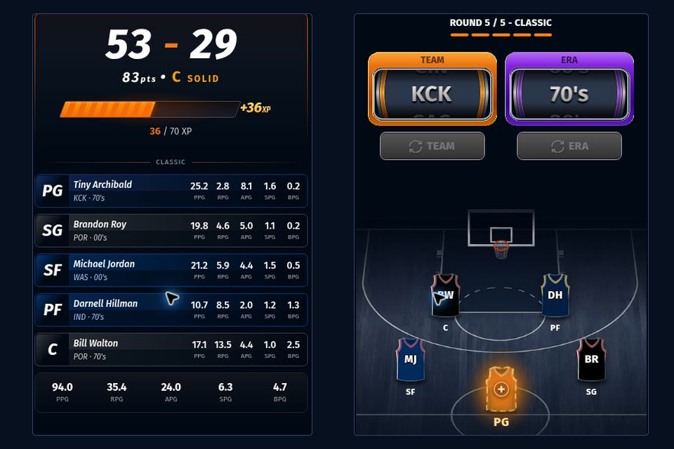 Actual finished NBA draft with five selected cards and its game-returned season record
